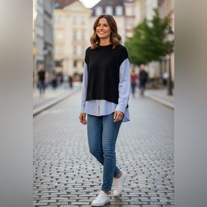 2/$30 Ann Taylor Navy Sweater with Blue Long Sleeve Top